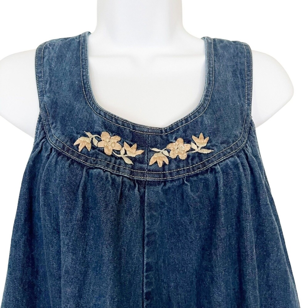 Vtg Foxmoor Denim Jumper Long Dress Floral Embroidery Sleeveless Pockets Sz M - Picture 2 of 9